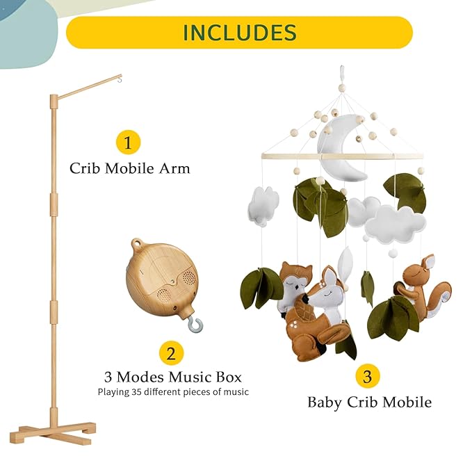 FEISIKE Baby Crib Mobile Arm with Music Box Spin Motor 3In1 Set-Squirrel Baby Mobile for Cirb, 57.4 Inch Mobile Arm for Crib Wooden Nursery Decor Hanger Holder
