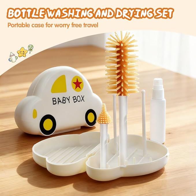 7-in-1 Baby Bottle Brush Set with Silicone Nipple & Straw Brushes, Soap Dispenser, Foldable Drying Rack, Portable Case – for Home & Travel