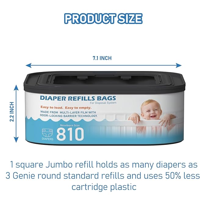 Jumbo Square Refills Disposal Bags Refill Compatible with Diaper Genie Classic, Compact and Select Pails, Hold Up to 810 Newborn-Sized Diapers Per Refill, Baby Powder Scent, 5 Packs