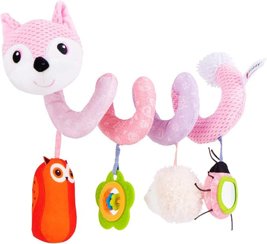 Jollybaby Crib Stroller Car Seat Toys for Baby 0-3-6-9-12 Months, Tummy Time Hanging Sensory Toys for Newborn with Music Box and Teether, Spiral Carseat Toy for Infant Boys Girls Gifts (05-Pink Fox)