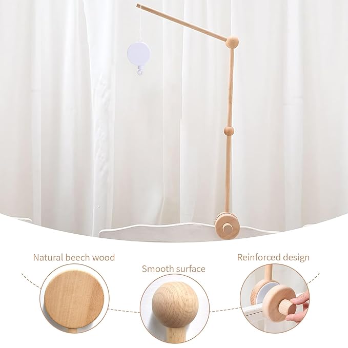 Baby Crib Mobile Arm Wooden Holder with Rotating Music Box Nursery Decor Attachment Safe Anti Slip Set for Baby Girls Boys Nursery Decor