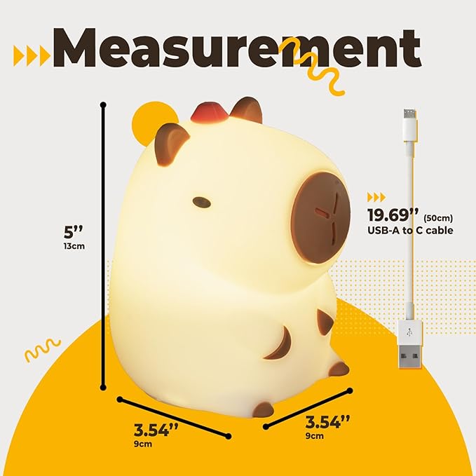 LED Squishy Animal Night Light - 2 Level Dimmable Nursery Lamp for Kids, Rechargeable Touch Lamp, Cute Dorm Decor - Perfect Baby Boys Girls Gift (Kapibala)