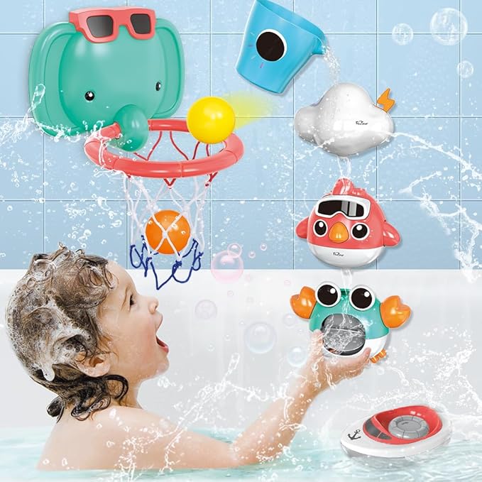 VATOS Baby Bath Toys, Elephant Basketball Hoop Bathroom Toys for Babies Boys Girls 1 Year Old, Baby Bathtub Playset with Bird, Crab, Clouds, Yacht Best Bath Gift for Toddlers 1-3