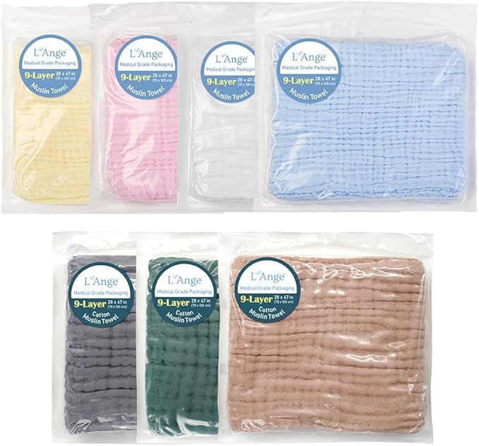 L'Ange Baby Bath Towel - 9 Layers 100% Cotton Muslin, Super Quick Dry, Medical Grade Packaging for Infants and Newborns - 28 x 47in - Gray