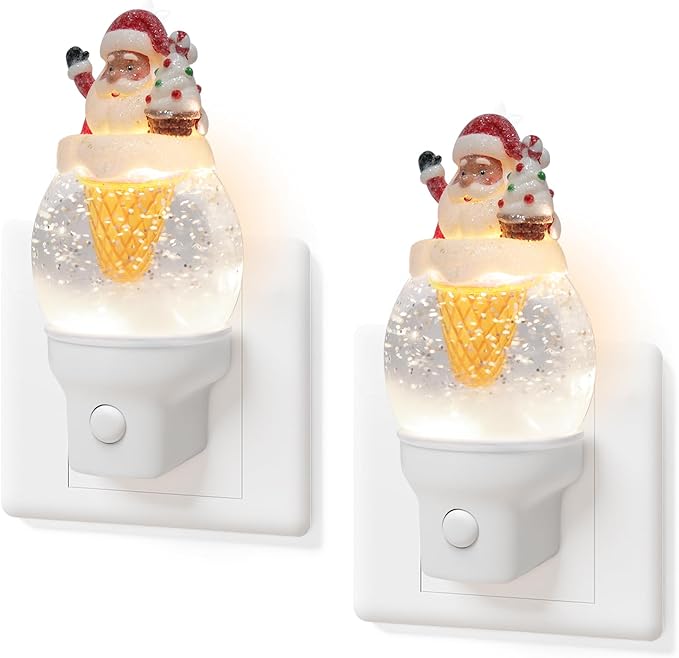 2 Pack Christmas Santa Night Light Plug into Wall Glitter Water Nightlight with USB/Outlet Options, Christmas Decorative Nightlight for Bedroom Kitchen Holiday Decorations Gifts (Santa Ice Cream)