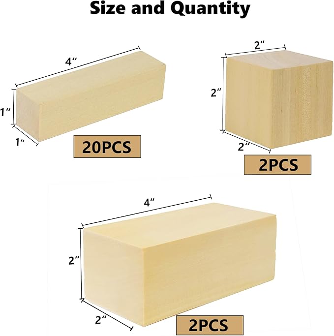 24PCS Basswood Carving Blocks with 3 Sizes，Whittling Wood Carving Kit,Soft Basswood for Carving(4"x1"x1",4"x2"x2",2"x2"x2")