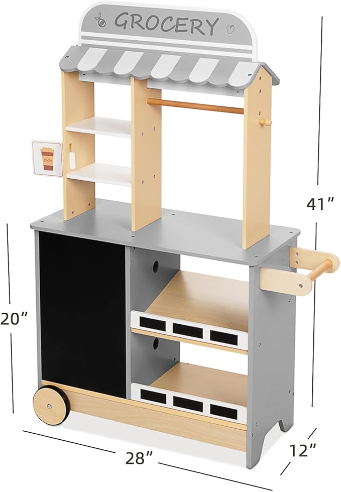 OOOK All-in-One Grocery Store Pretend Play with Chalkboards, Reversible Kids Grocery Store Playset with Oven, Scale, Rolling Wheels, Cash Register and More, for Kids Aged 3+