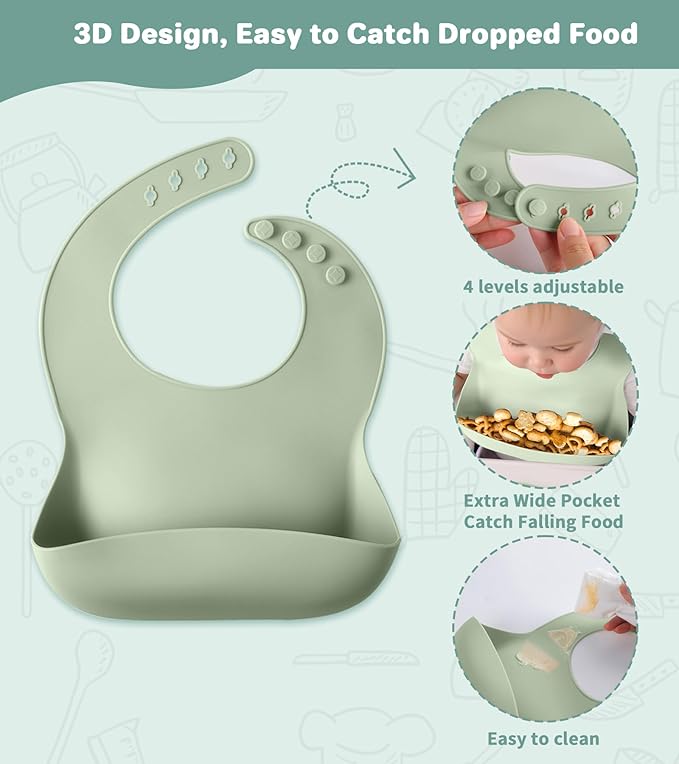 Silicone Baby Feeding Set, 10 Pcs Baby Led Weaning Supplies Baby Eating Essentials Set with Suction Bowl Divided Plate Adjustable Bib Soft Spoon Fork Cup with Lid Drinking Cup, Travel Bag (Green)