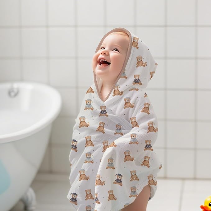 Muslin Hooded Baby Towels,2 Pack Baby Bath Towels,Large 31.5x31.5Inch,Hooded Towels for Baby and Infant,Soft&Absorbent(Brown and Bears)