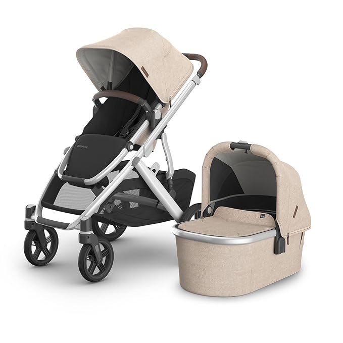 UPPAbaby Vista V3 Stroller + Bassinet V3 - Convertible Single-to-Double Stroller System- Bassinet, Toddler Seat, Bug Shield, Rain Shield Included - Declan (Oat Mélange/Silver Frame/Chestnut Leather)