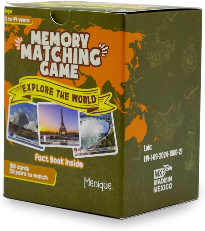 Menique Explore The World Memory Matching Game – 100 Cards (50 Pairs) with Famous Landmarks from 50 Countries – Includes Flag, Country & Place – Educational Geography Game + Informative Booklet