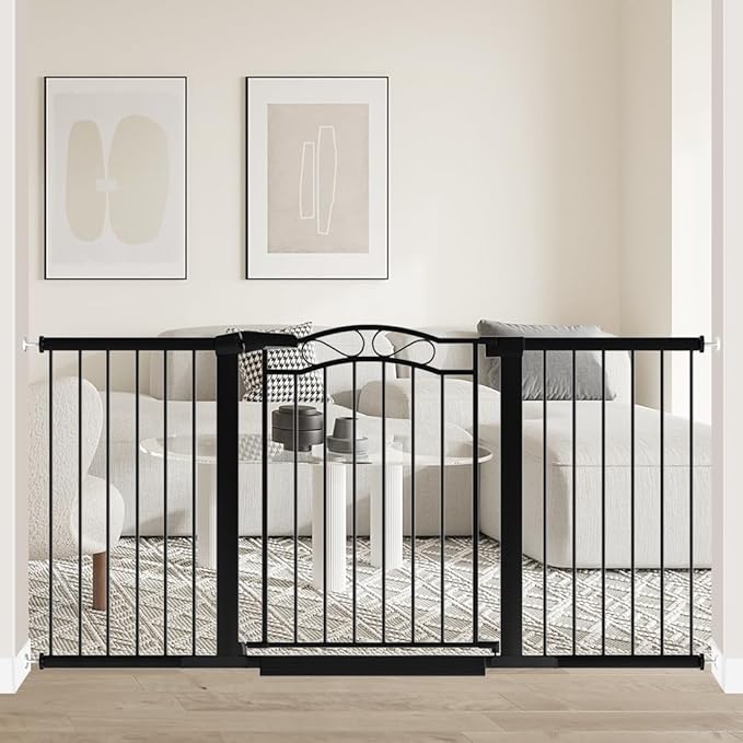 Extra Wide Baby Gate with Door Black-Large Walk Through Baby Gates for Stairs Pressure Mounted no Drill-Indoor Long Tension Metal Child Pet Safety Gate 62.60"-65.35" Wide