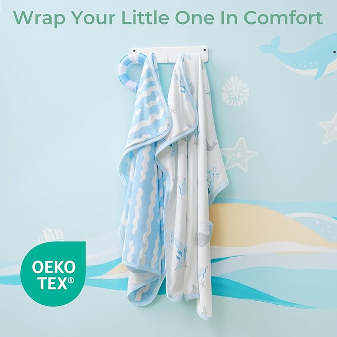 Momcozy Baby Towel with Hooded-Original Design Baby Towel Set -Soft & Absorbent- Shower Gifts or Bath Essential for Infant, Newborn, Toddler, Marine Sea Whale Seal Waves Magic