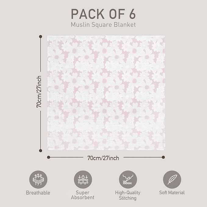 GLLQUEN BABY Receiving Blanket Boy Cotton Muslin Swaddle Blankets Girl Newborn Squares Breathable & Soft Thin Baby Blankets Cloths Double Absorbent Infant Swaddling Wrap - 6 Pack (Rosebud)