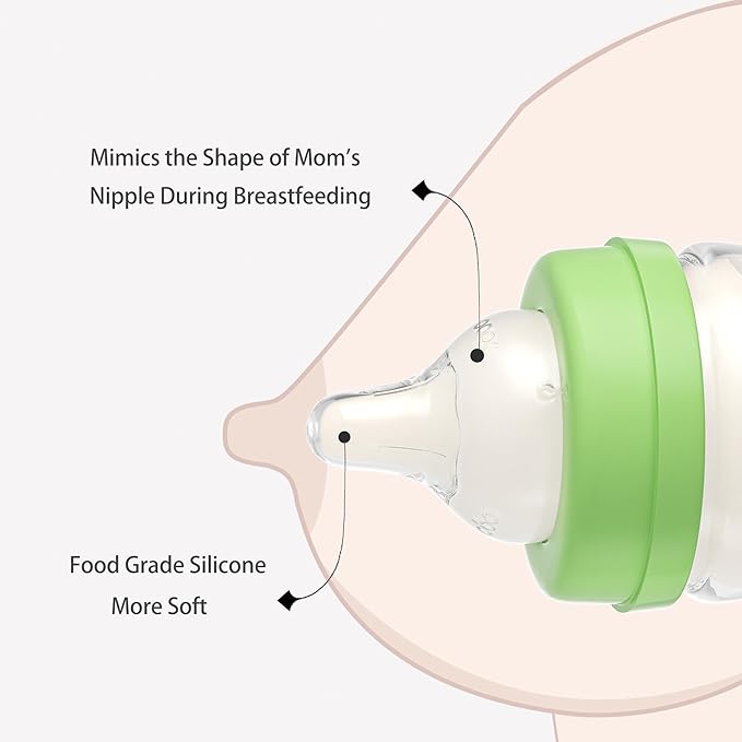 YOHKOH Glass Baby Bottles with Slow Flow Nipple, Newborn Anti-Colic Baby Bottles for 0+ Months, Wide Neck Feeding Bottle, Clear (Green, 5oz (Pack of 2))