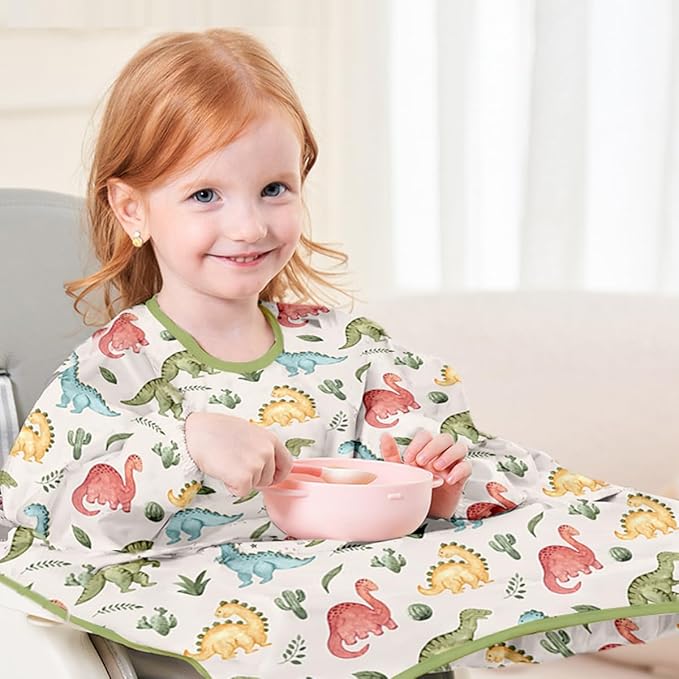 2-Pack Long Sleeve Baby Bib,Coverall Baby Bibs for Eating,Waterproof,Attaches to Highchair&Table,Ages 1 to 3 Years