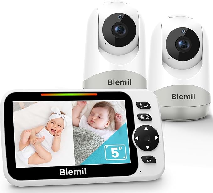 Blemil Upgrade Baby Monitor with 30-Hour Battery, 5" Large Split-Screen Video Baby Monitor with 2 Cameras and Audio, Remote Pan/Tilt/Zoom, Two-Way Talk, Room Temperature, Night Vision, 1000ft Range