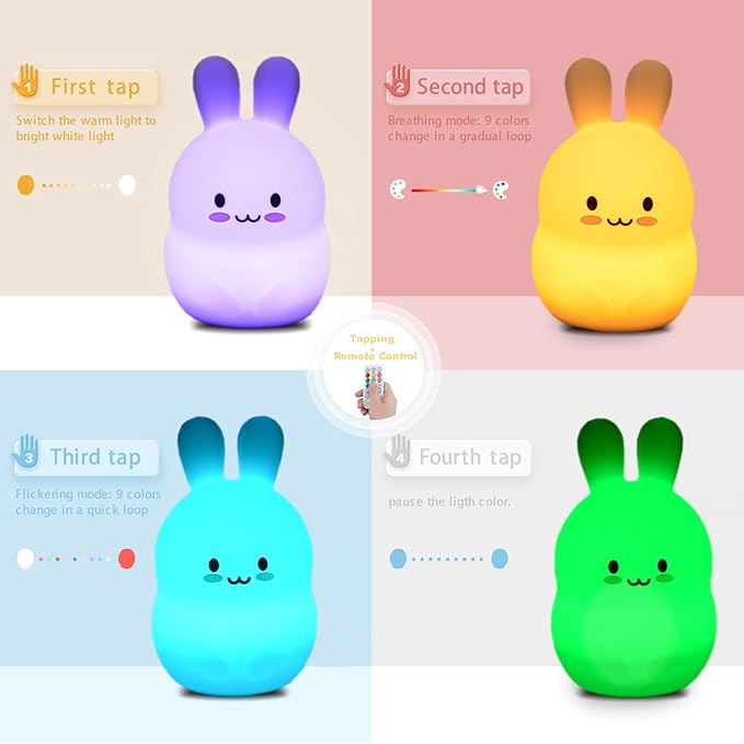 WHA&DARREN Large Rabbit Night Light for Kids,Cute Baby Night Light, Silicone Bedside Lamp,Sleep LED Lights, Eye Caring, Adjustable Brightness & Color, Time Setting, Touch Control & Remote Control