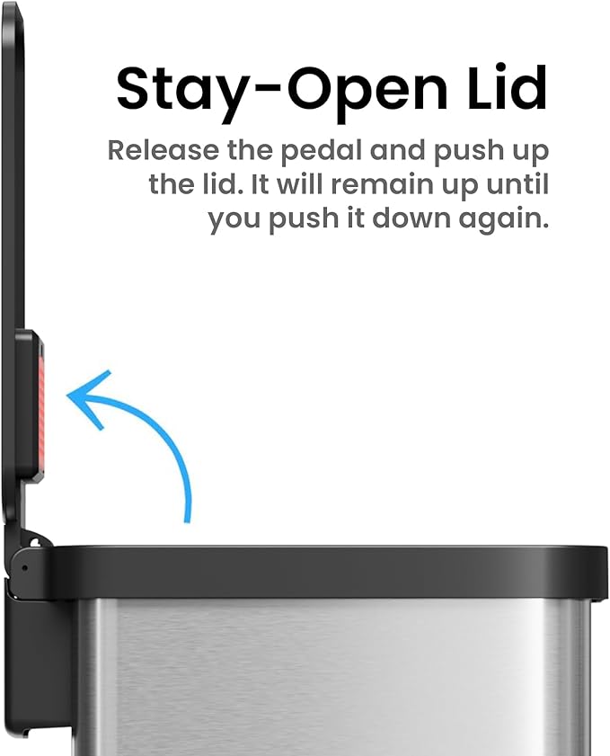 iTouchless SoftStep EXP 50 Liter / 13.2 Gallon Slim Step Pedal Kitchen Trash Can with Odor Filter, Soft Close Lid, Stainless Steel Recycling Bin, Dent-Proof Plastic Lid, for Home Office Work Business