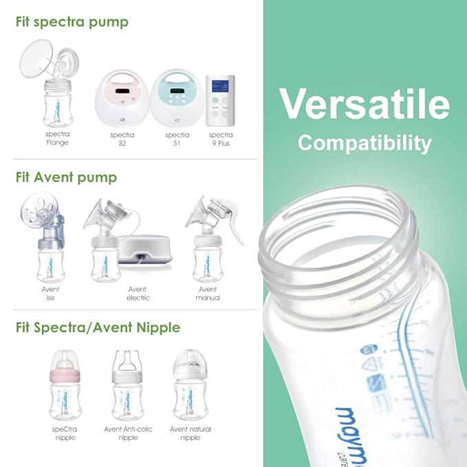 Maymom Wide Neck Breastmilk Collection and Storage Bottle 9oz; Remarkable SureSeal Disc. Compatible with Spectra S2, Spectra S1 Spectra 9+ and Avent Breast Pumps