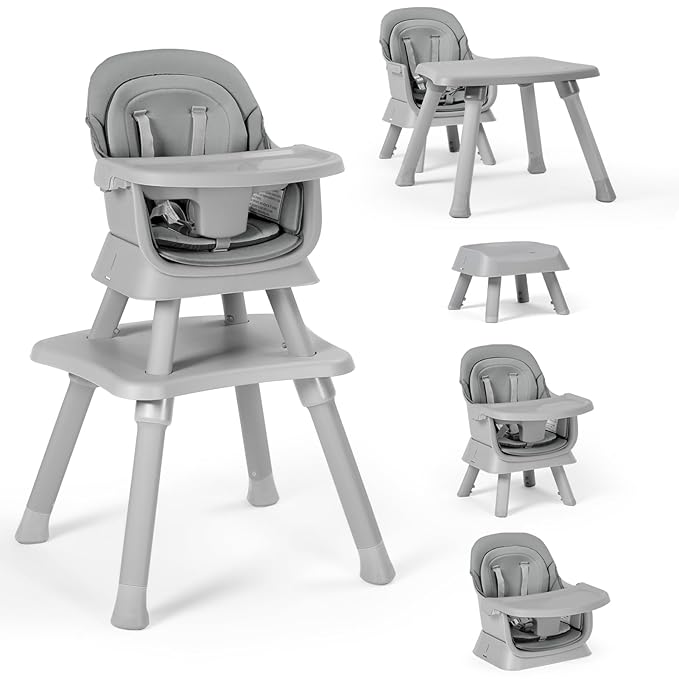 Baby High Chair, 8 in 1 Convertible Highchairs for Babies and Toddlers, Children Dining Booster Seat/Kids Building Block Table for Girls Boys, Baby Seat with Removable Tray, Light Grey