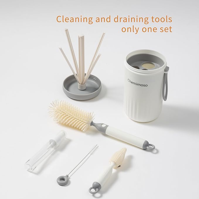 Chemimoso Travel Silicone Baby Bottle Cleaner Brush Set, Foldable Baby Bottle Drying Rack, Essential Cleaning Set for Outdoor Travel, Grey and White