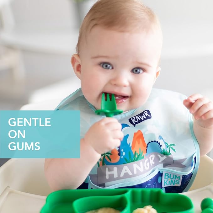 Bumkins Baby Utensils Set, Chewtensils Silicone Spoons for Dipping, Self-Feeding, Baby Led Weaning, Trainer Learning, First Stage Eating, Soft Practice Fork and Spoon, Babies 6 Months, Jade Green