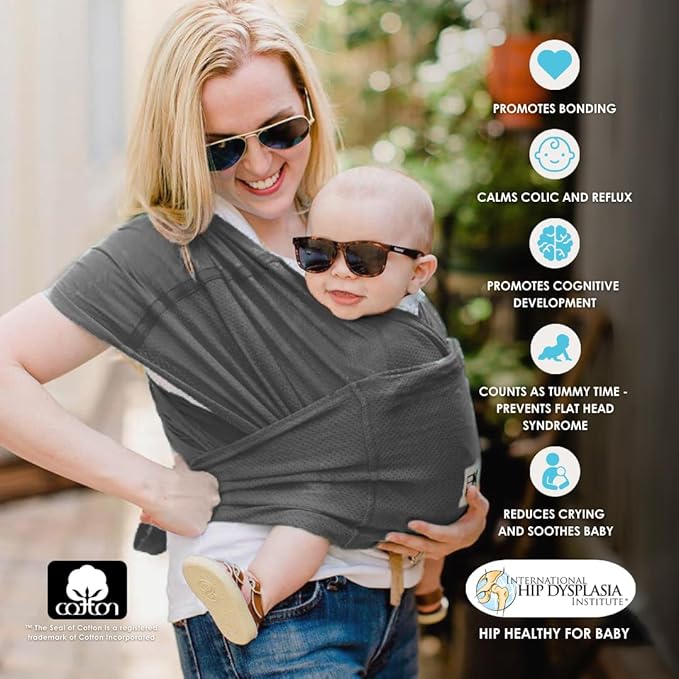 Breeze Baby K'tan Baby Carrier, #1 Easy Pre-Wrapped Baby Sling Gift | Breathable 100% Cotton Mesh | Hands Free Wrap for Infants | No Rings Or Buckles | Charcoal | Medium