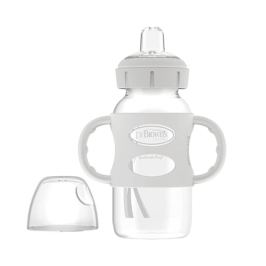 Dr. Brown's Milestones Wide-Neck Sippy Spout Bottle with 100% Silicone Handles, Easy-Grip Handles with Soft Sippy Spout, 9oz/270mL, Gray, 1-Pack, 6m+