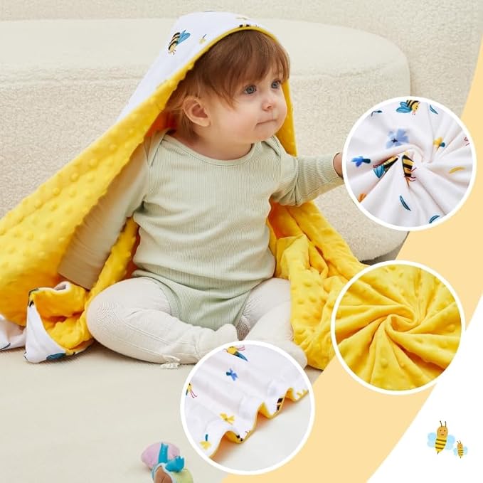 QSTEHEML Baby Blankets Neutral for Boys Girls,Super Soft Nursery Minky Blanket Unisex, Baby Gifts Double Layer with Dotted Backing, Newborn Blankets for Crib Stroller(Bee, 30 * 40inch)