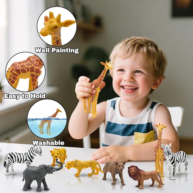 Safari Animals Figures, Plastic Zoo Animals Toys for Toddlers 1-3, Realistic Jungle Animal Figurines for Kids 3-5, 12 pcs Wild Animal with Elephant Giraffe Lion, African Toys Gift for Boys Girls