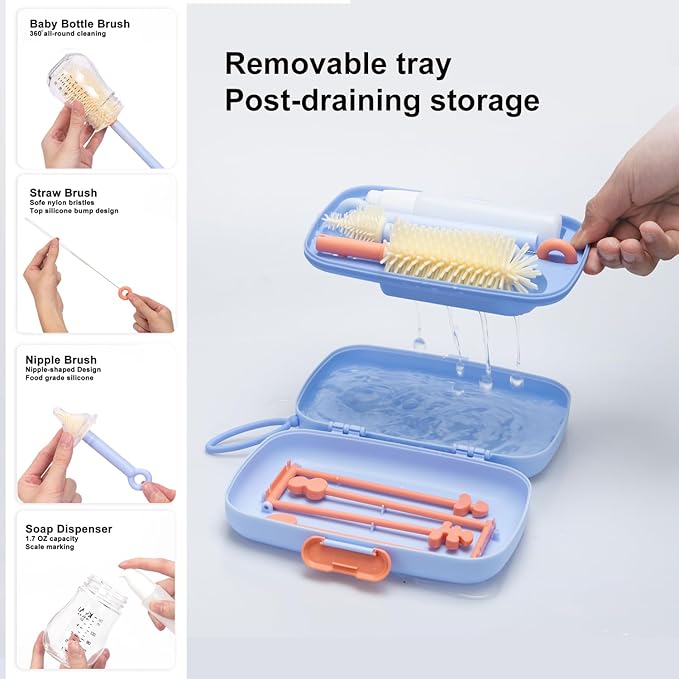 7in1 Travel Bottle Cleaner kit with Baby Bottle Brush and Bottle Drying Rack,Swift Cleaning, Easy Portability(Blue)