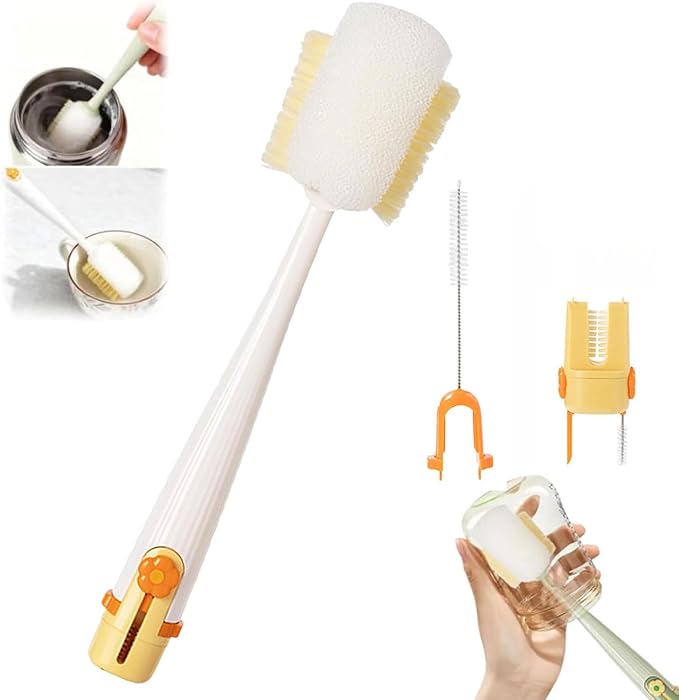 5-in-1 Bottle Cleaning Brush Set, 2026 New Multifunctional Baby Bottle Brush with Long Handle, Gap Cleaner & Scrubber for Water Bottle Lid, Straw, Travel Mugs and Home Kitchen Use (Yellow)
