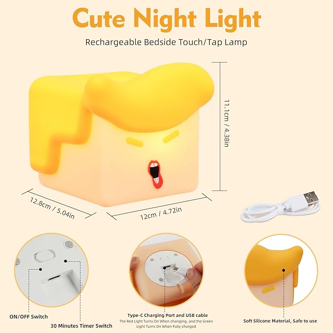 Tcamp Fun Night Light, Hilarious Silicone Squishy Lighted Tap Light, 3 Level Dimmable Table Lamp, Rechargeable Bedside Glowing Touch Lamp for Room Decor (USB Powered)