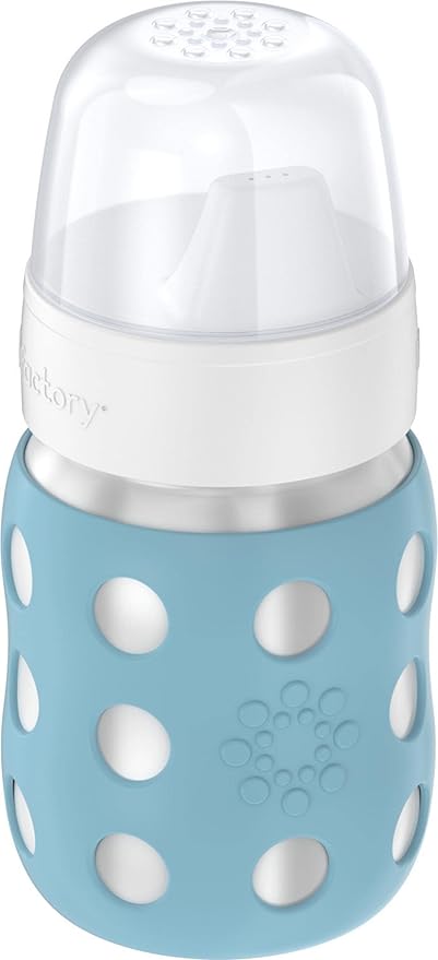 Lifefactory 8-Ounce Stainless-Steel Vacuum-Insulated Wide-Neck Baby Bottle with Hard Sippy, Denim, LS2221WDE4