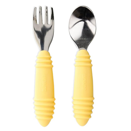 Bumkins Toddler Utensils, Kids Size Fork and Spoon Set, Silicone and Stainless-Steel Training Silverware, Angled Fork / Spork for Self-Feeding, Children Learning to Eat, 18 Mos Up, Pineapple Yellow