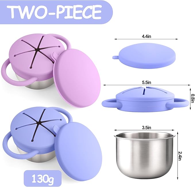 2-Pack Stainless Steel Snack Containers for Kids with Spill-Proof Silicone Lids & Handles - 3-in-1 Baby Snack Cups, No-Spill Toddler Snack Box, Perfect for On-the-Go Healthy Eating（Blue+Purple）