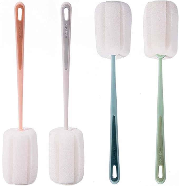 4 PCS Sponge Bottle Brushes, Bottles Scrubber Cleaning Brush with Handle, Water Bottles Cleaner for Thermos, Mug, Cup, Teapot