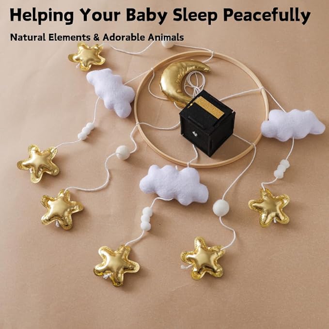 Baby Crib Mobile Nursery Decoration Moon and Stars Hanging Mobile Gender-Neutral Baby Mobile for Crib Handmade Newborn Nursery Decor Easy to Assemble & Durable (Golden Moon)