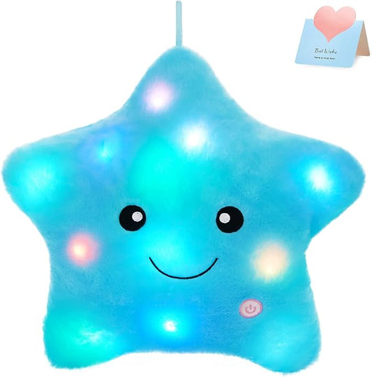 WEWILL 13'' Creative Twinkle Star Light up Night LED Plush Pillows Stuffed Animal Toys Birthday Valentines for Toddlers Girls(Blue)