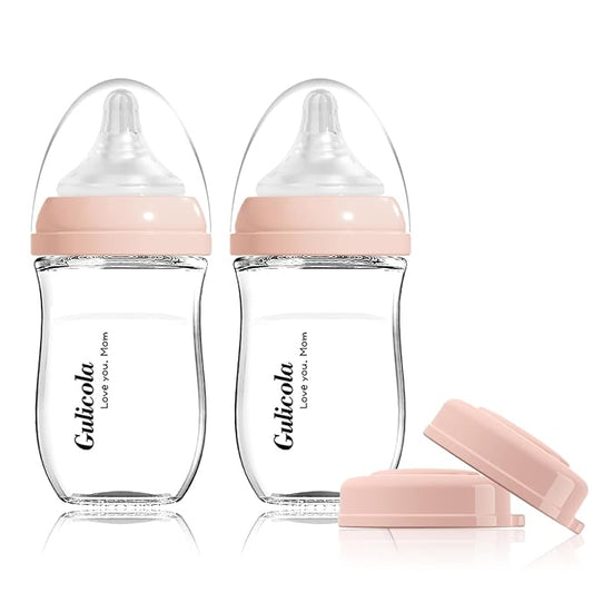 Gulicola Natural Glass Baby Bottle for Breastfeeding Babies, Newborn Anti-Colic Bottle Set with Slow Flow Nipple, 0-3 Months, 5 oz, 2 Pack - Pink
