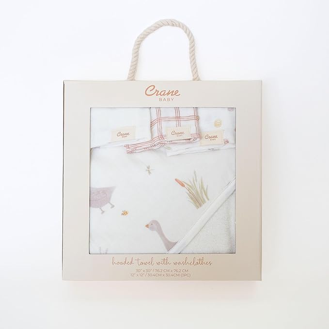 Crane Baby Hooded Towel & Washcloth Set, Charlie Farmhouse Goose Hooded Baby Towels and Washcloths Set, Baby Bath Essentials, Washcloths for Newborn, Muslin Towel for Babies