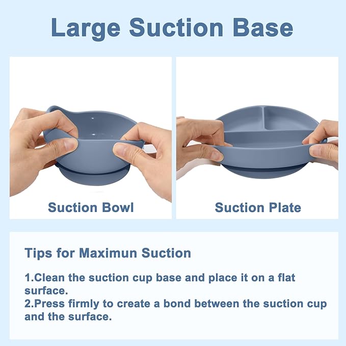 LITTLE RAWR Silicone Baby Feeding Set 14 Pcs,Baby Led Weaning Supplies, Baby Spoons Suction Bowl Divided Plate Bib Cup Finger Brush,First Stage Solid Food Eating Utensils - 6+ Months(Blue Gray)