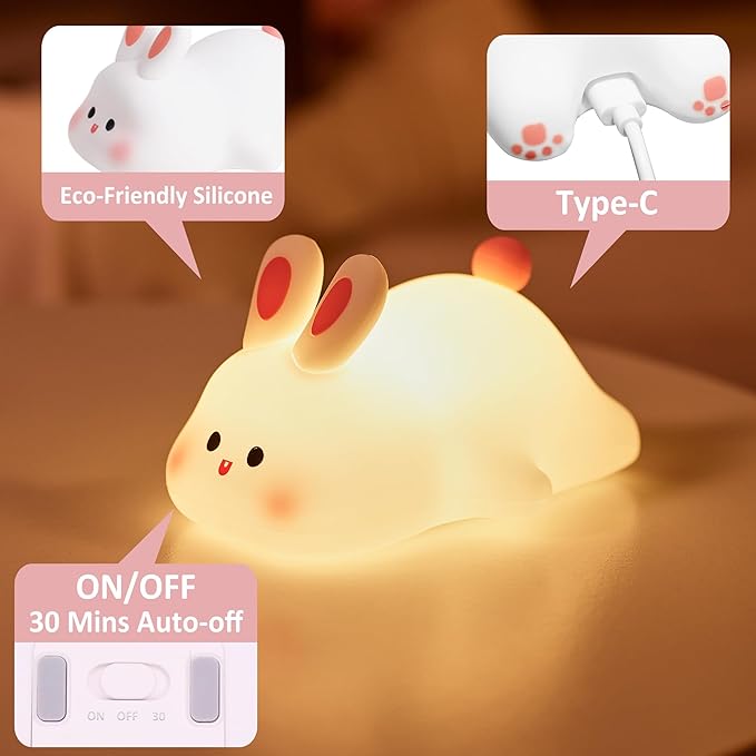 Attivolife Cute Bunny Nursery Light, Easter Rabbit Squishy Silicone Touch Night Lamp Rechargeable, Kawaii Animal Toddler Room Decor Table Lamp, Child Girl Women Birthday Gift