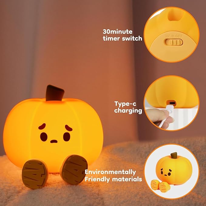 Pumpkin Night Light, Cute Silicone Night Light for Kids, Squishy Touch Nightlight Rechargeable Dimmable for Nursery Lamp for Breastfeeding, Halloween Decor, Office Desk and Kids Room Décor