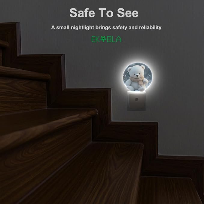 EKOBLA Cute Bear Night Light Bear White Fur Animal Winter Snowflakes Plug in Nightlights Dusk to Dawn Auto Sensor LED Plug-in Nightlights for Men Women Boys Girls