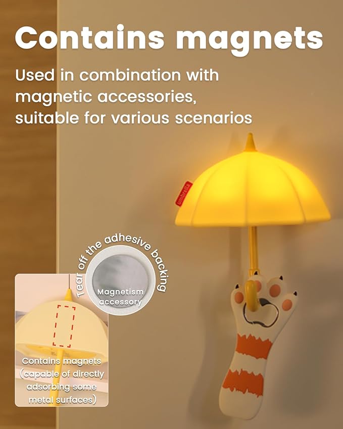 Kids Night Light Umbrella, Silicone Tap Control Magnetic Bedside Lamp with Time Auto-Off, Cute Portable LED Nursery Light for Baby, Toddler, Bedroom and Keychain Holder