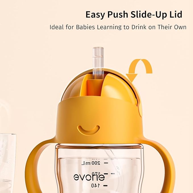 Evorie Tritan Weighted Straw Sippy Cup with Handles for Baby and Toddlers, Spill Proof Baby Water Bottle with Straw for 6 months and up, 7 Oz, Infant Training Water Bottle (Apricot)