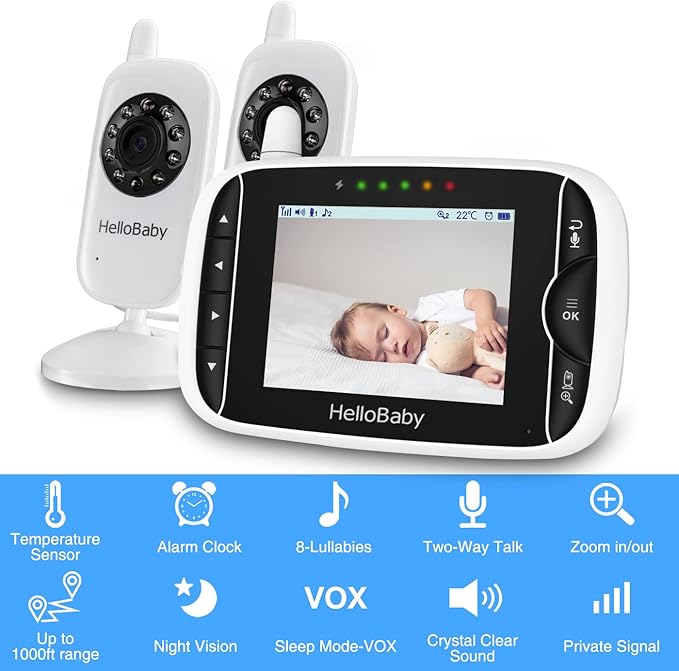 HelloBaby Baby Monitor with 2 Cameras, Baby Monitor No WiFi, Night Vision, 2-Way Audio, Remote Pan & Tilt, 2X Zoom, ECO Mode, 8 Lullabies, Sound Activated Screen