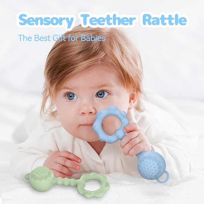 2 Pcs Baby Rattle Teether, 2-in-1 Rattle and Teether Toy for Soothing Sore Gums and Keeps Little Ones Entertained, Food Grade Silicone (Blue+Green)